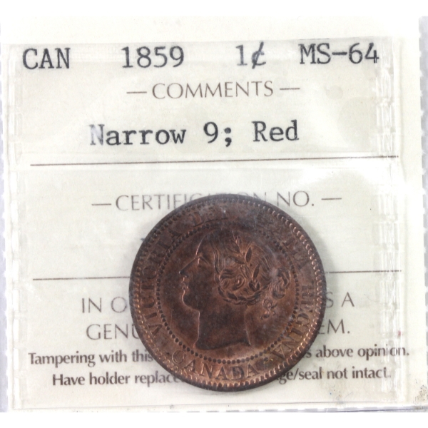 1-cent 1859 Narrow 9 ICCS MS64 Red. Deep Cherry Red with Glowing Rose-Gold Lustre