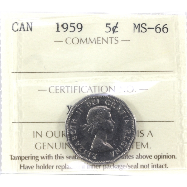5-cent 1959 ICCS MS66. Pale Russet Hues