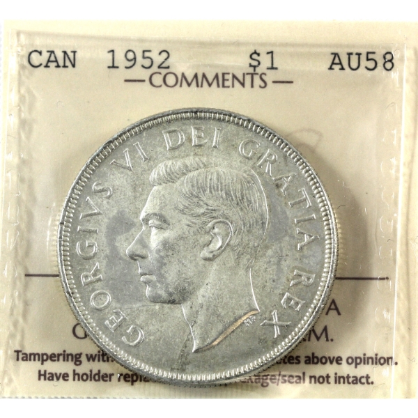 Silver $1 1952 WL, 2/2 ICCS AU58 (Toned)