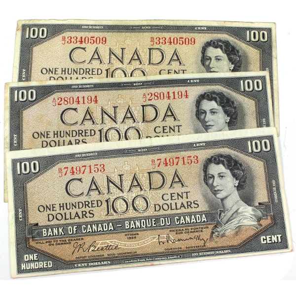 BC-43a Beattie-Coyne A/J Prefix & 2x BC-43c Beattie-Rasminsky B/J Prefix 1954 $100. 3pcs