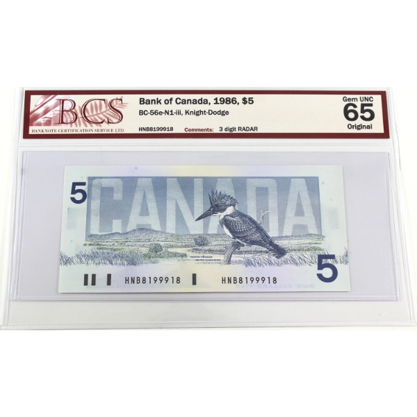 RADAR BC-56e-N1-iii 1986 $5 3-digit RADAR BCS GEM UNC65 Original Knight-Dodge SN: HNB8199918