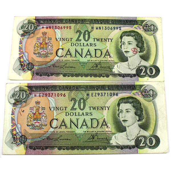 BC-50bA 1969 $20 VF Lawson-Bouey SN:*WN1306995 & SN:*EZ9371096. 2pcs.