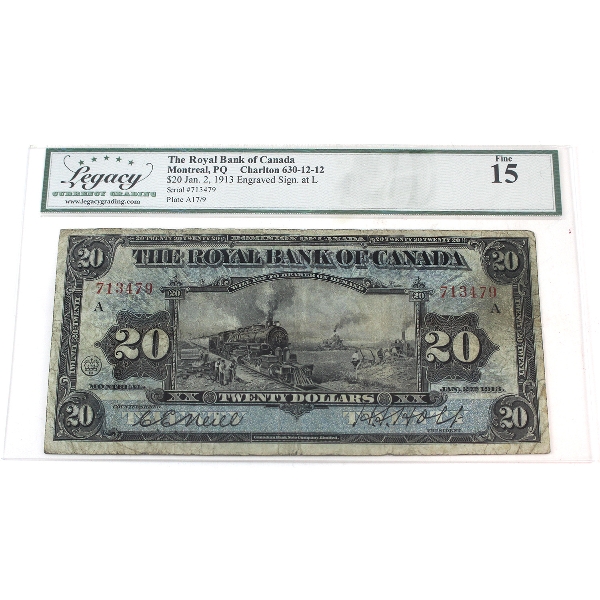 630-12-12 1913 $20 Royal Bank Legacy F15 Neill-Holt Engraved Sign. At L SN: 713479