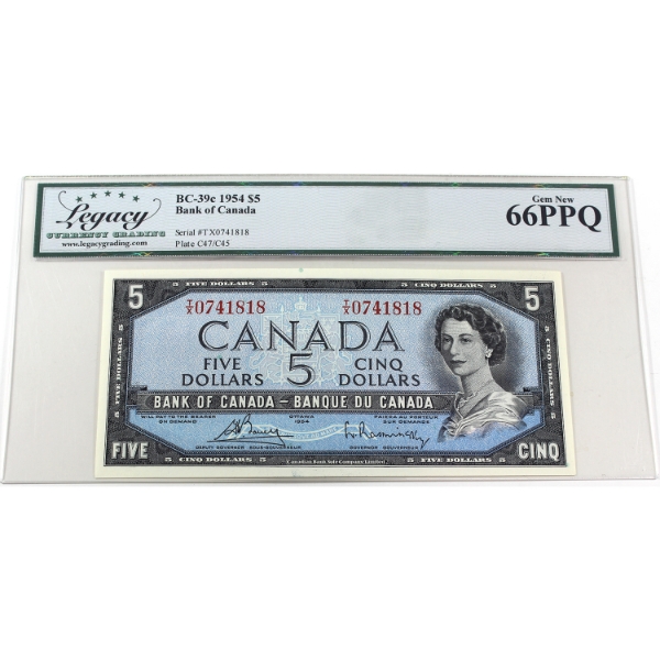 BC-39c 1954 $5 Legacy GEM UNC66 PPQ Bouey-Rasminsky SN: T/X0741818