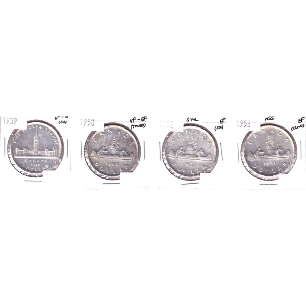 Silver $1 1939, 1950, 1952 2WL & 1953 NSS in 4-Pocket Sheet VF-EF to EF. 4pcs
