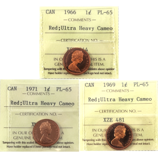 1-cent 1966, 1969, & 1971 ICCS PL65 Red UHC. 3pcs.