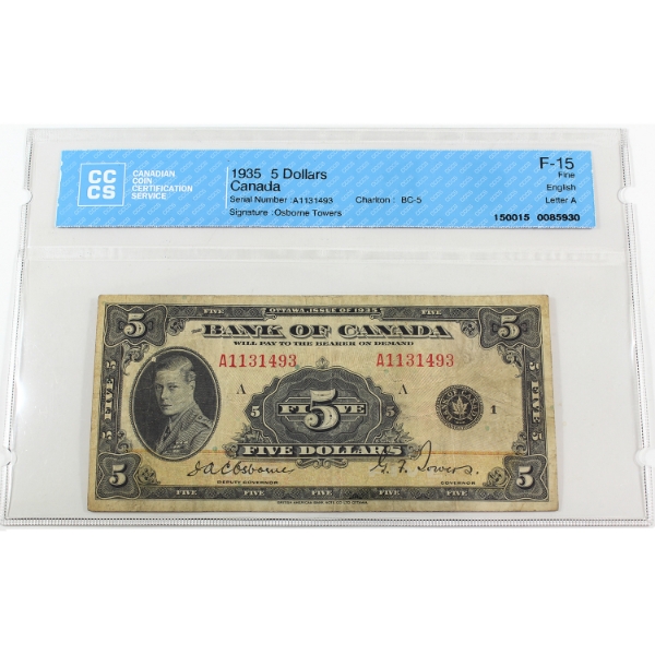 BC-5 1935 $5 English CCCS F15 Osborne-Towers SN: A1131493 ppA