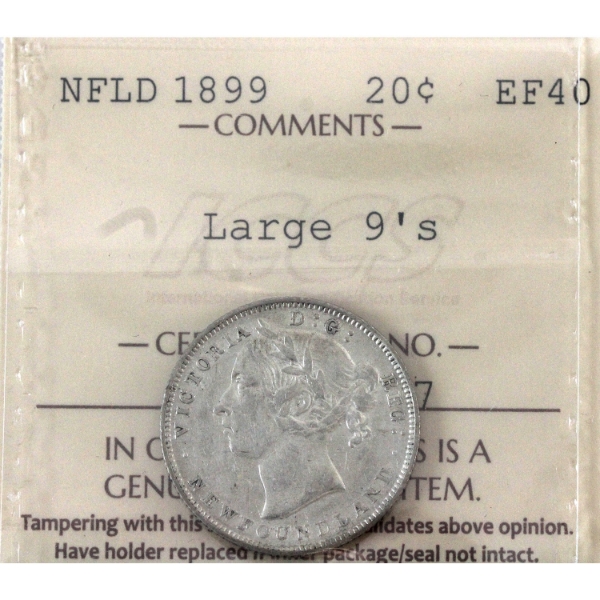 Newfoundland 20-cent 1899 Large 9's ICCS EF40