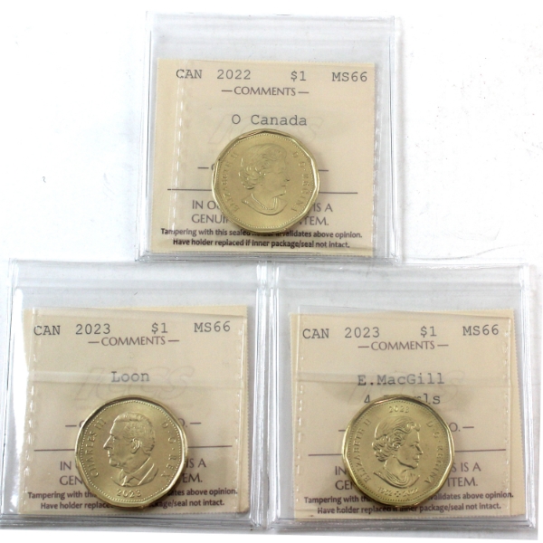 Loon $1 2022 O Canada, 2023 Loon & 2023 E. MacGill 4 Pearls ICCS MS66. 3pcs. 