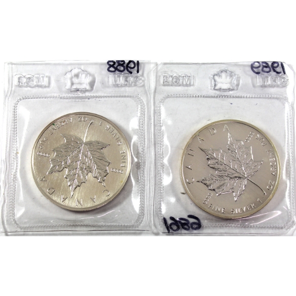 2x 1oz 1988 & 1989 $5 Silver Maple Leaf .9999 Fine Silver Rounds. 2pcs. (Tax Exempt)