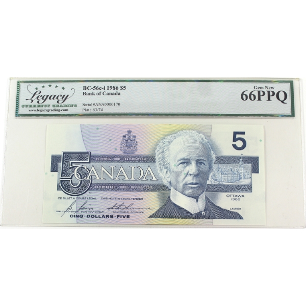 BC-56c-i 1986 $5 Low Serial # Legacy GEM UNC66 PPQ Bonin-Thiessen SN: ANA0000170