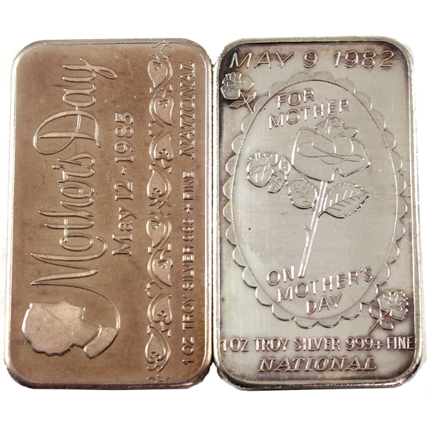 2x 1oz National Refiners 1982-1985 Mother's Day.999+ Silver Art Bars. 2pcs. (Tax Exempt)