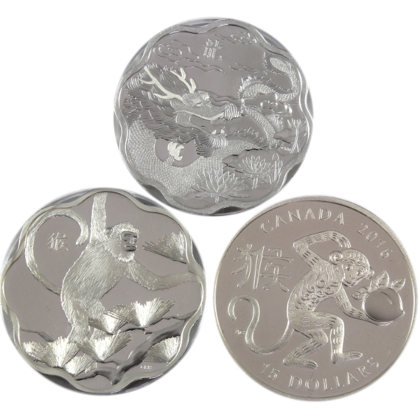Group Lot of 2012 & 2016 $15 Lunar Lotus/Zodiac .9999 Fine Silver Coins. 3pcs. (Tax Exempt)