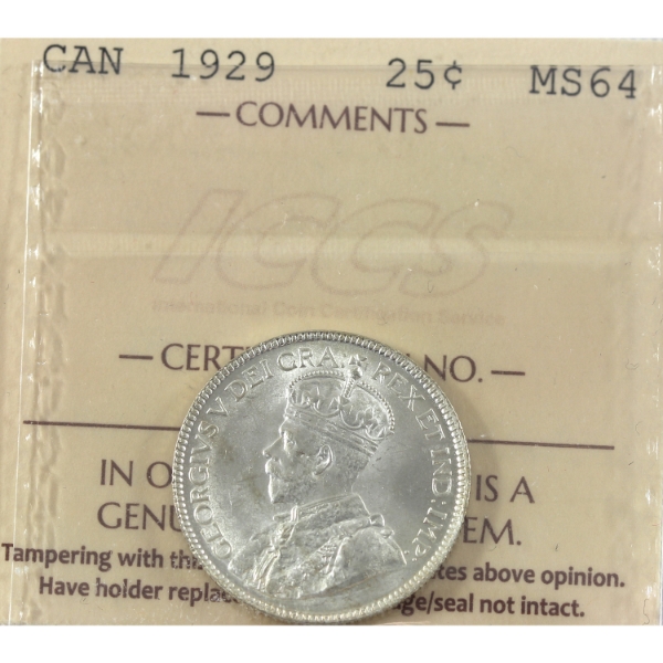25-cent 1929 ICCS MS64