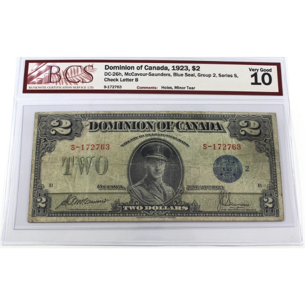 DC-26h 1923 $2 Blue Seal Group 2 Series S BCS VG10 McCavour-Saunders SN:S-172763 Check Letter B