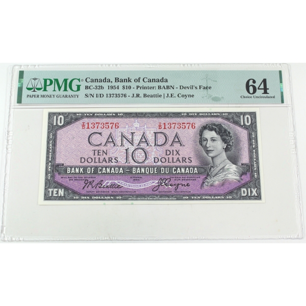 BC-32b 1954 $10 Devil's Face PMG CUNC64 Beattie-Coyne SN: I/D1373576