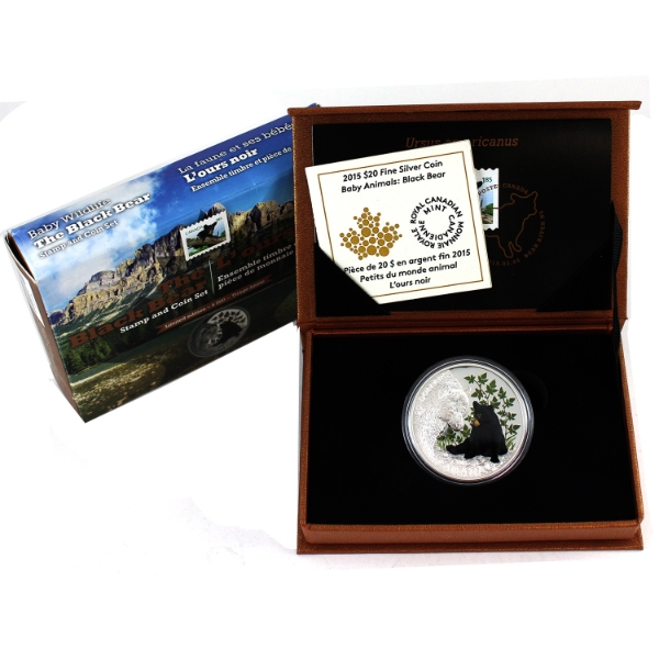 2015 $20 Baby Animals - Black Bear Coin and Stamp Set (Tax Exempt) 
