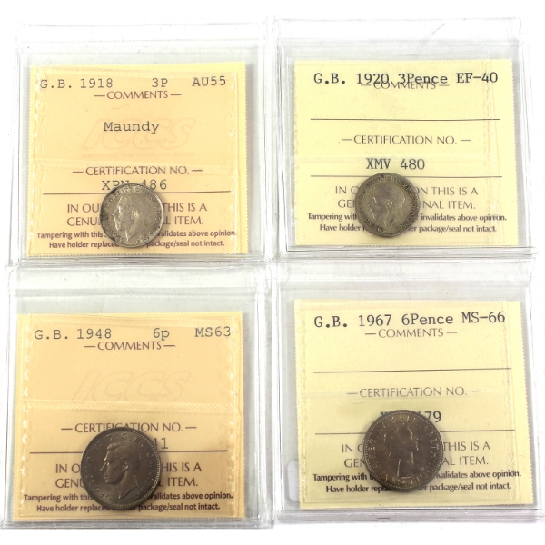 Great Britain 1918-1967 3 Pence & 6 Pence ICCS EF40 to MS66. 4pcs