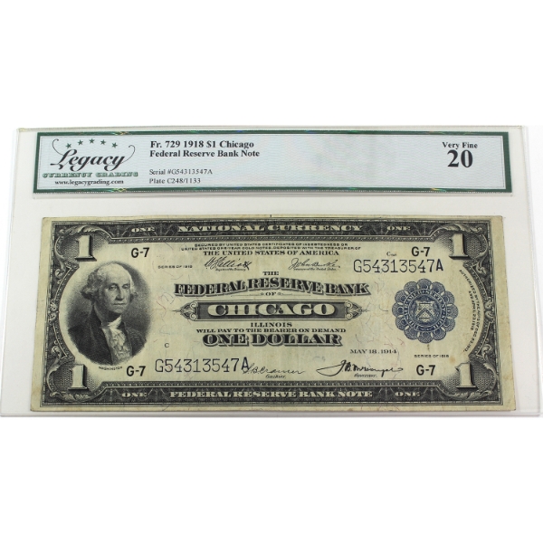 USA 1918 FR-729 Chicago, Illinois $1 Legacy VF20 SN: G54313547A