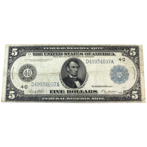 USA 1914 FR#859a Bank of Cleveland, Ohio $5 F-VF SN: D49934697A 