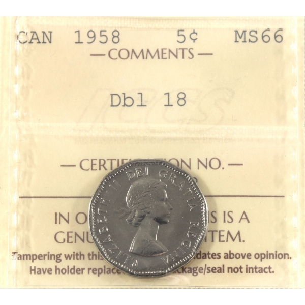 5-cent 1958 Dbl 18, 9 & 5 ICCS MS66