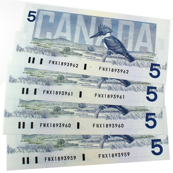 4x Consecutive BC-56bA 1986 $5 Thiessen-Crow FNX Prefix. 4pcs