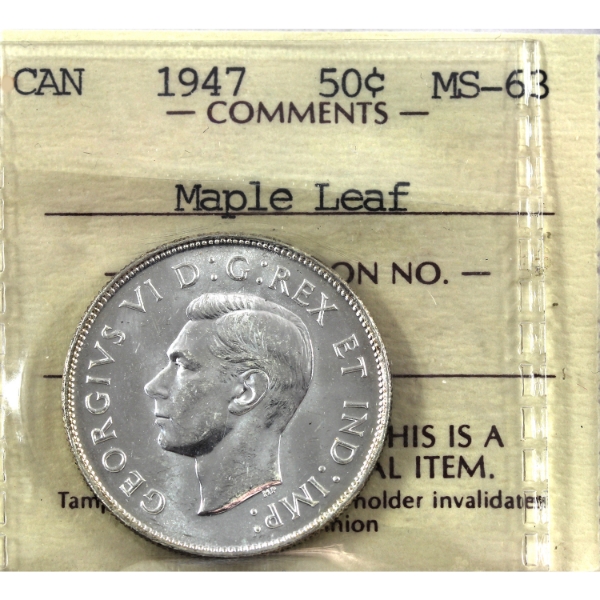 50-cent 1947 Maple Leaf ICCS MS63