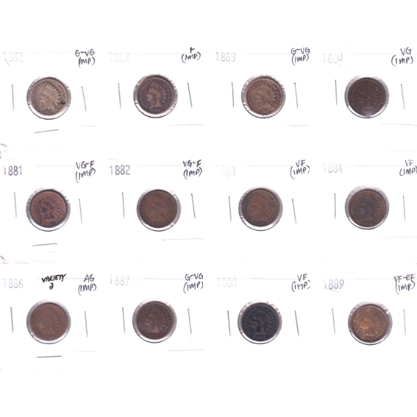 USA Indian Head Cent 1862-1889 Bulk Collection in 12-Pocket Sheet AG to VF-EF. 12pcs.