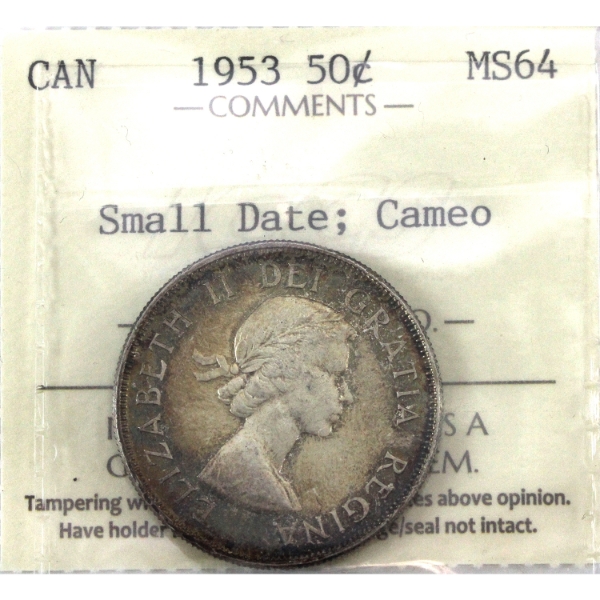 50-cent 1953 Small Date ICCS MS64 Cameo