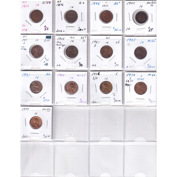 Bulk Collection of USA 1-cent 1866-1974 G4 to MS66 in 20-Pocket Sheets. 13pcs.