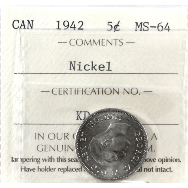 5-cent 1942 Nickel ICCS MS64 