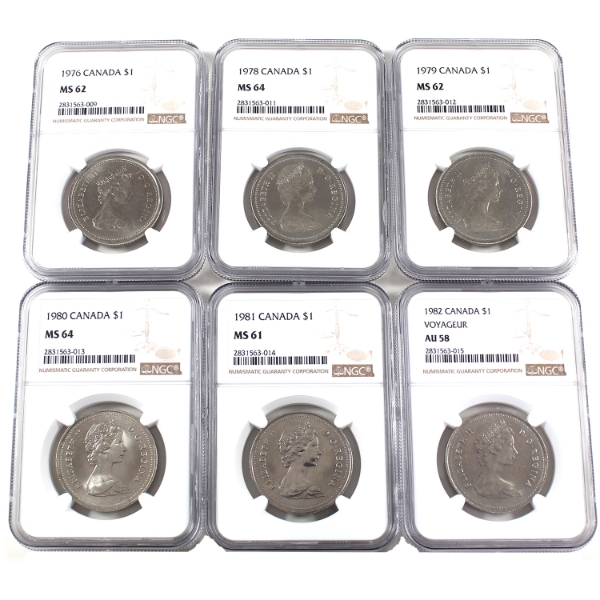 Nickel $1 1976 MS62, 1978 MS64, 1979 MS62, 1980 MS64, 1981 MS61 & 1982 AU58 NGC. 6pcs