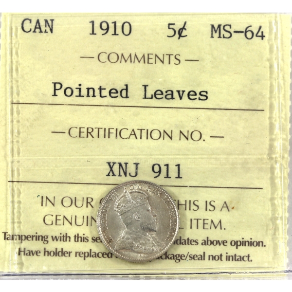 5-cent 1910 Pointed Leaves ICCS MS64
