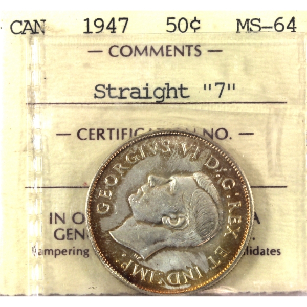 50-cent 1947 Straight 7 ICCS MS64. In Vintage Two Letter Embossed Holder
