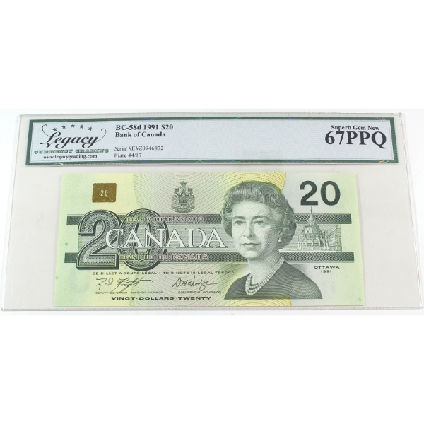 BC-58d 1991 $20 Legacy Superb Gem UNC67 PPQ Knight-Dodge SN:EVZ0946832
