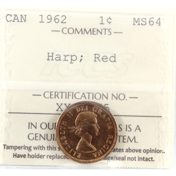 1-cent 1962 Harp ICCS MS64 Red