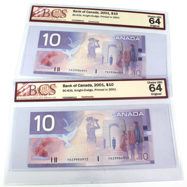 BC-63b 2001 $10 Consecutive BCS CUNC64 Original Knight-Dodge Printed in 2001 SN:FDZ9986911-"12. 2pcs
