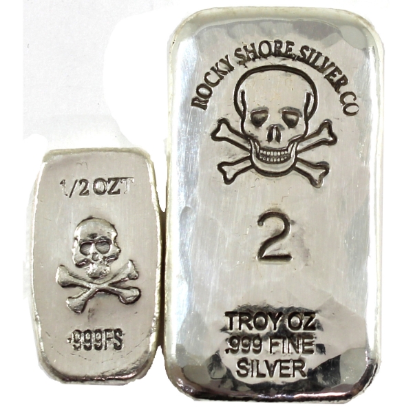 2oz & 1/2oz Rocky Shore Silver Company Skull & Crossbones .999 Fine Silver Bars. 2pcs (Tax Exempt)