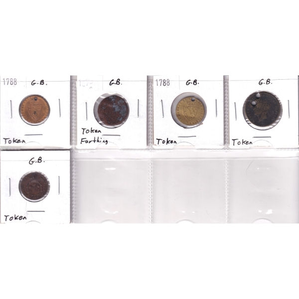 Bulk  Lot of Great Britain 1670-1788 Tokens in 8-Pocket Sheet. 5pcs.