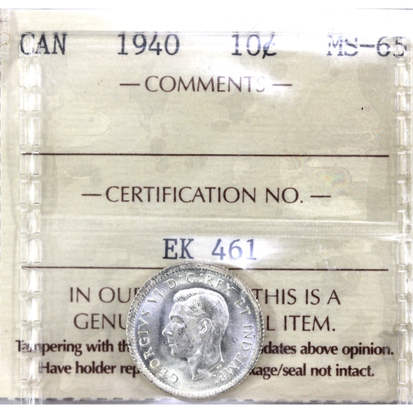 10-cent 1940 ICCS MS65. Blast White Coin with Softly Frosted Lustre