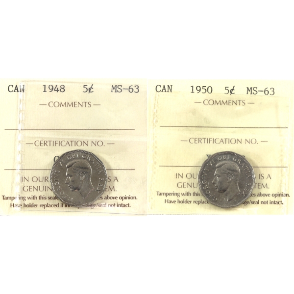 5-cent 1948 & 1950 ICCS MS63. 2pcs.