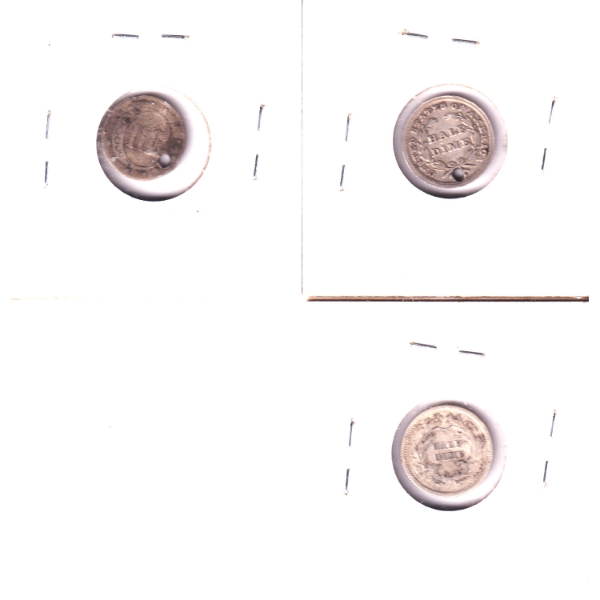 USA 1852 1-cent VG (imp), Half Dime 1838 No Drapery Small Stars VG (hole) & 1861 VG (imp). 3pcs.