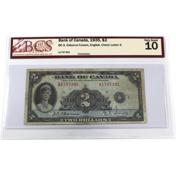 BC-3 1935 $2 English BCS VG10 Osborne-Towers SN: A1797395 Check Letter A