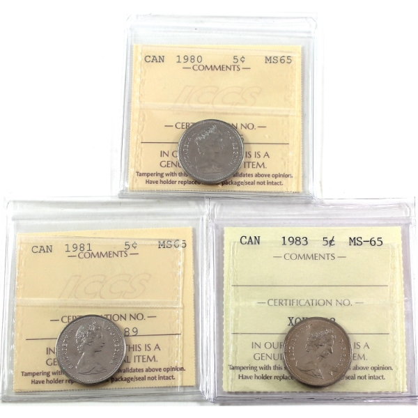 5-cent 1980, 1981, & 1983 ICCS MS65. 3pcs.