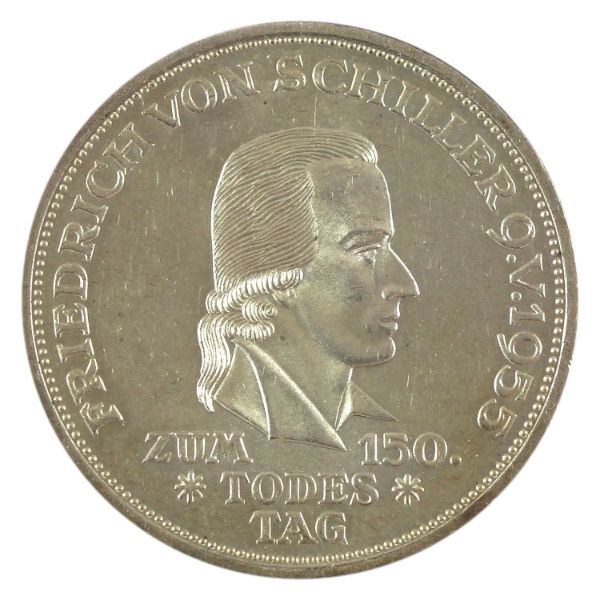 Germany-Federal Republic Silver 1955F 5 Mark 150th Ann. of the Death of Friedrich Vonschiller UNC+