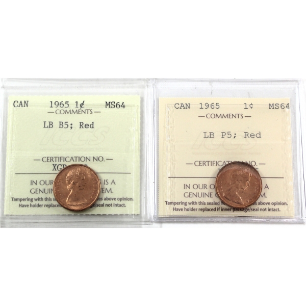 1-cent 1965 LB B5 & 1965 LB P5 ICCS MS64 Red. 2pcs