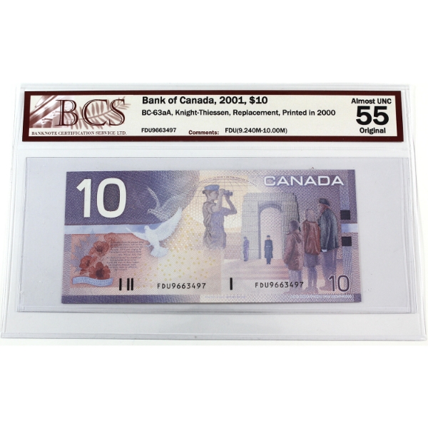BC-63aA 2001 $10 *FDU Replacement BCS AU55 Original Knight-Thiessen, Printed in 2000 SN:FDU9663497