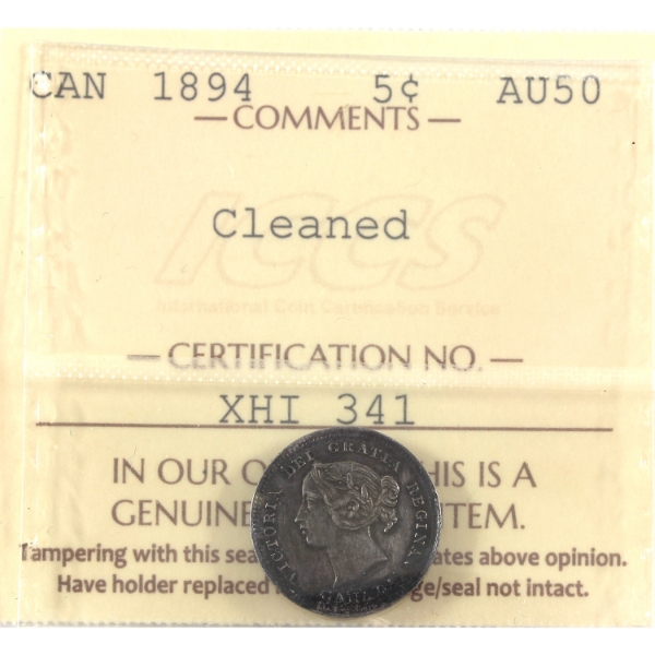 5-cent 1894 ICCS AU50 (Lightly Cleaned)