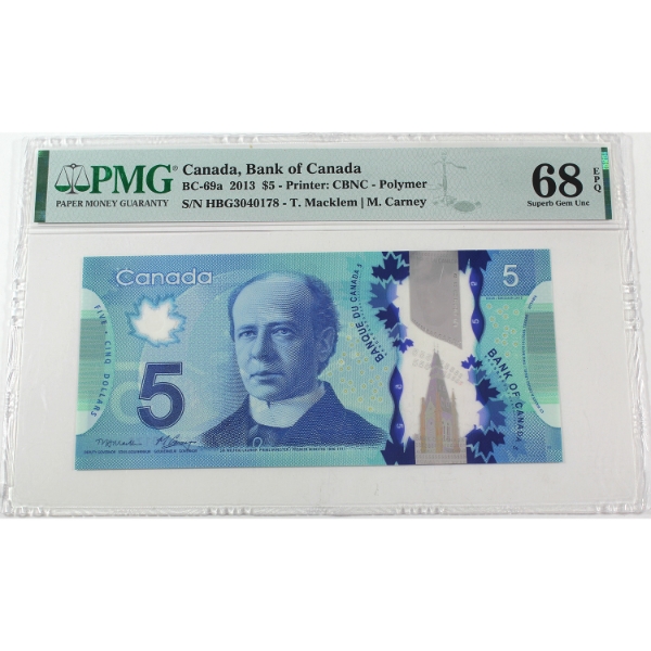 BC-69a 2013 $5 Polymer PMG Superb GEM UNC68 EPQ Macklem-Carney SN: HBG3040178