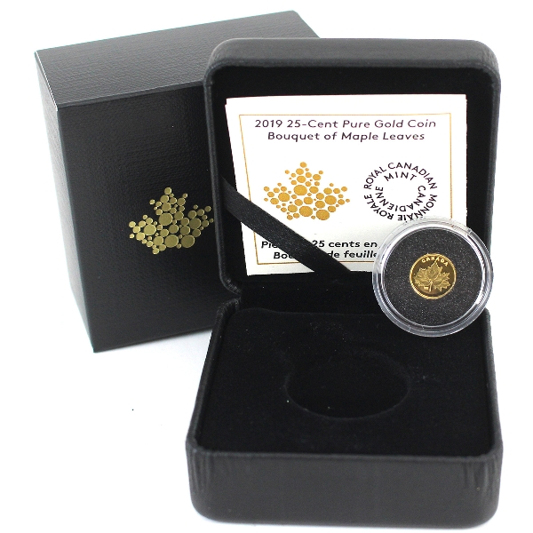2019 Gold 25-cent Bouquet of Maple Leaves. 0.5g .9999 Pure Gold Coin w/ COA. (Tax Exempt)